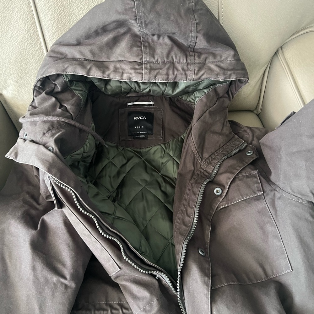 RVCA Men's Grey / Brown Hooded Jacket heavy warm size large